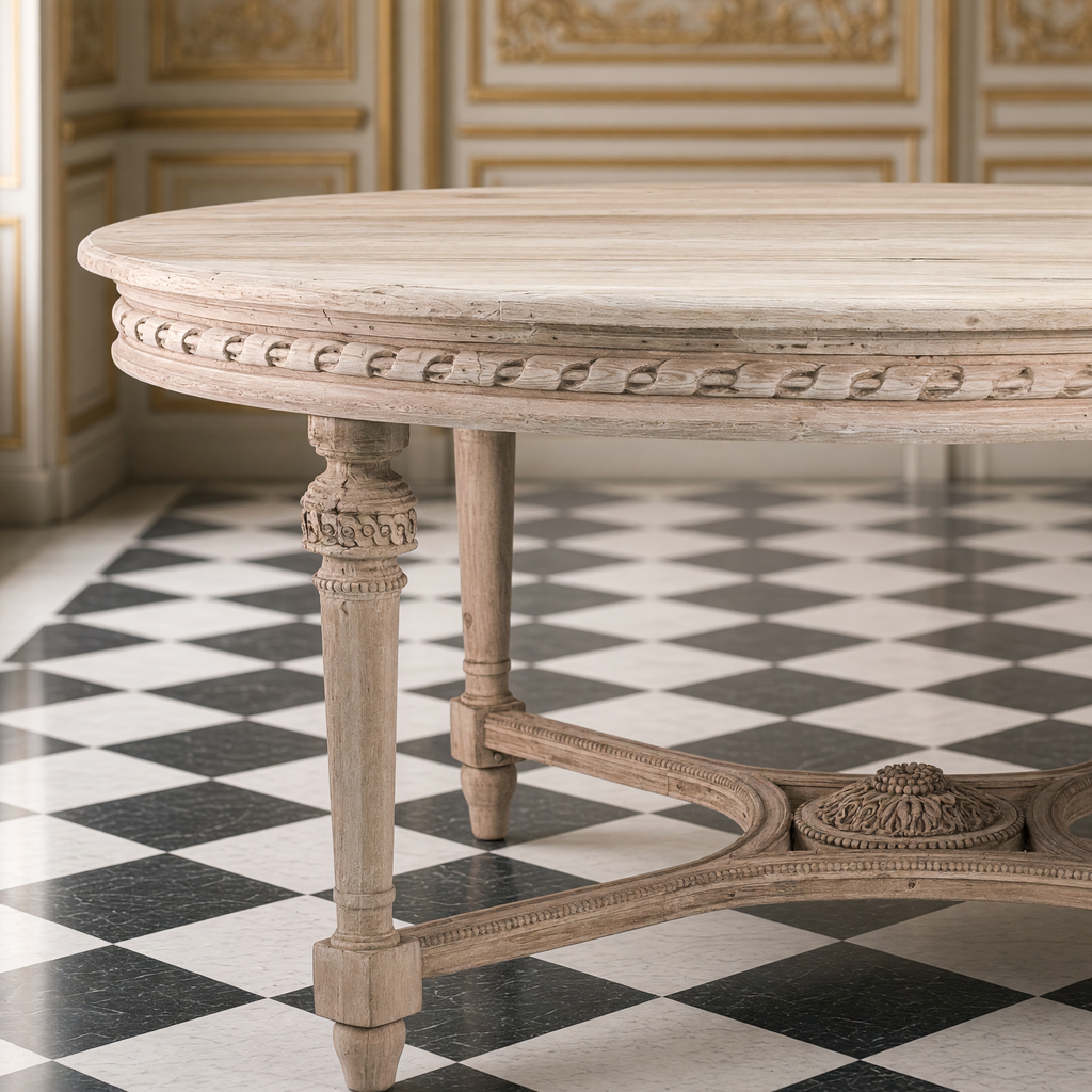 Detail of the Houston table carved rope-twist apron, fluted leg and rosette stretcher