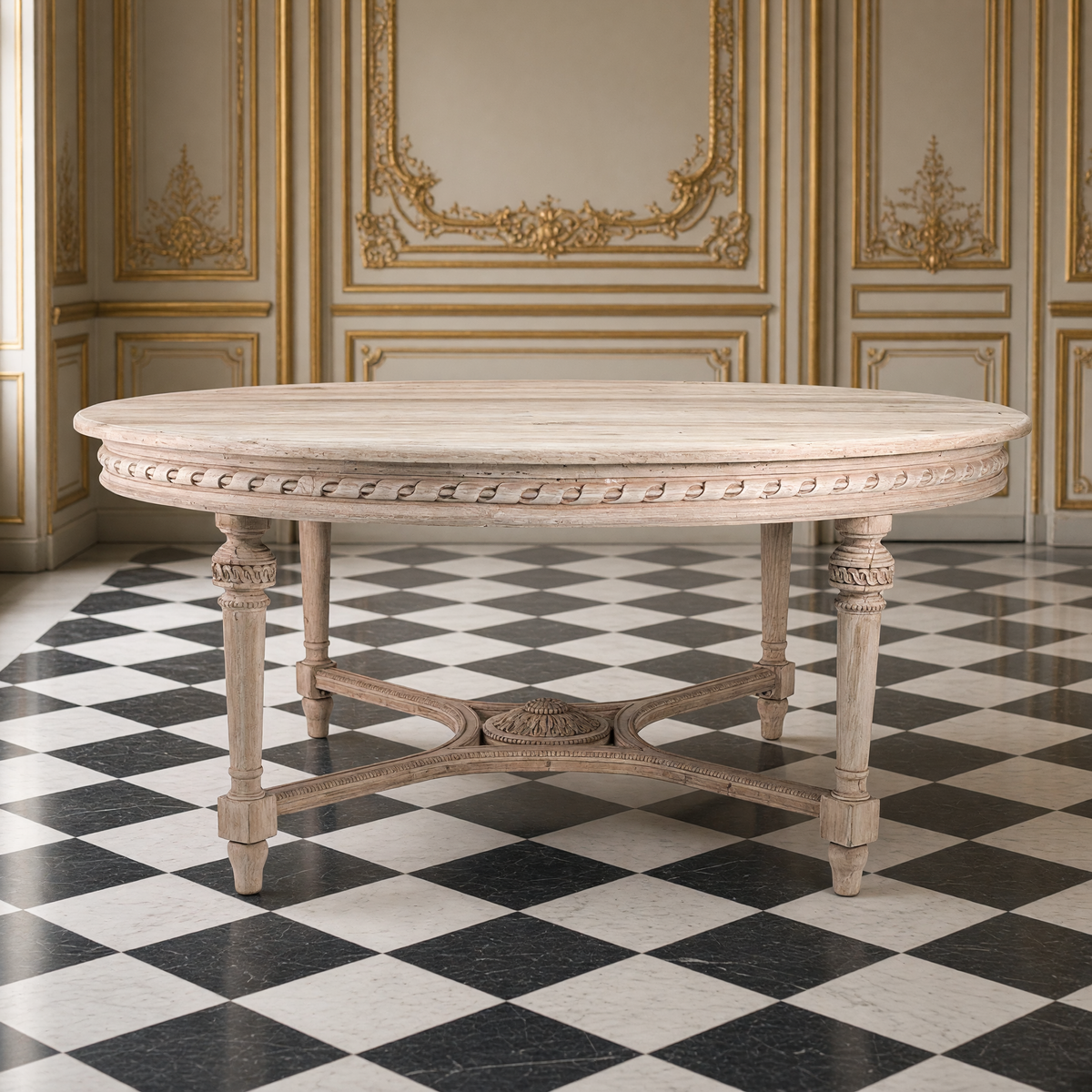 Houston Louis XVI oval dining table in natural elm in a gilded boiserie dining room on a black-and-white marble floor