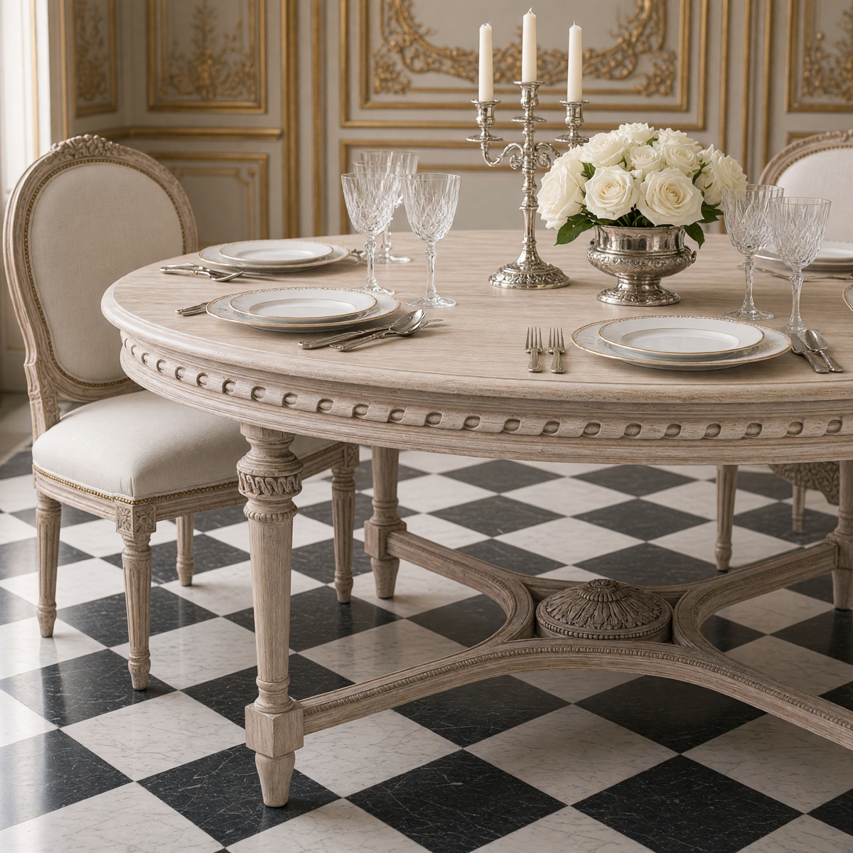 Houston dining table set with porcelain, crystal and white roses, showing the carved apron and fluted leg