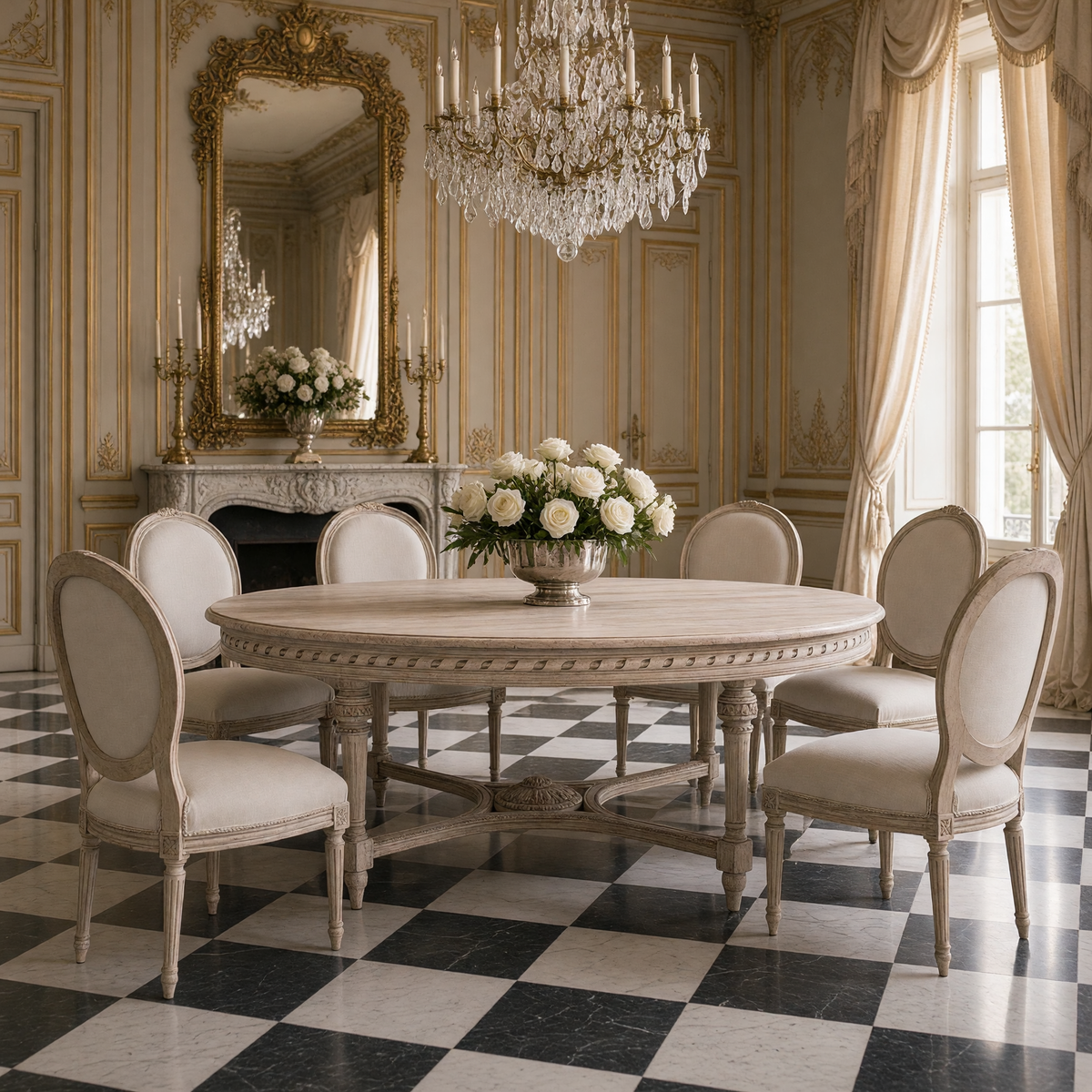 Houston oval dining table styled with Louis XVI chairs beneath a crystal chandelier