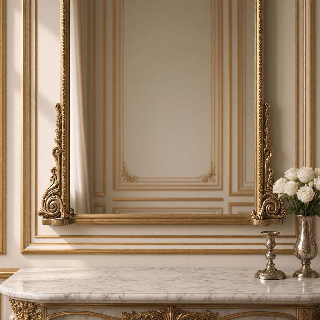 Close view of the scrolled acanthus feet and beaded frame of the Jules French gilded iron arch mirror in antique gold, 39.5" x 38.5"