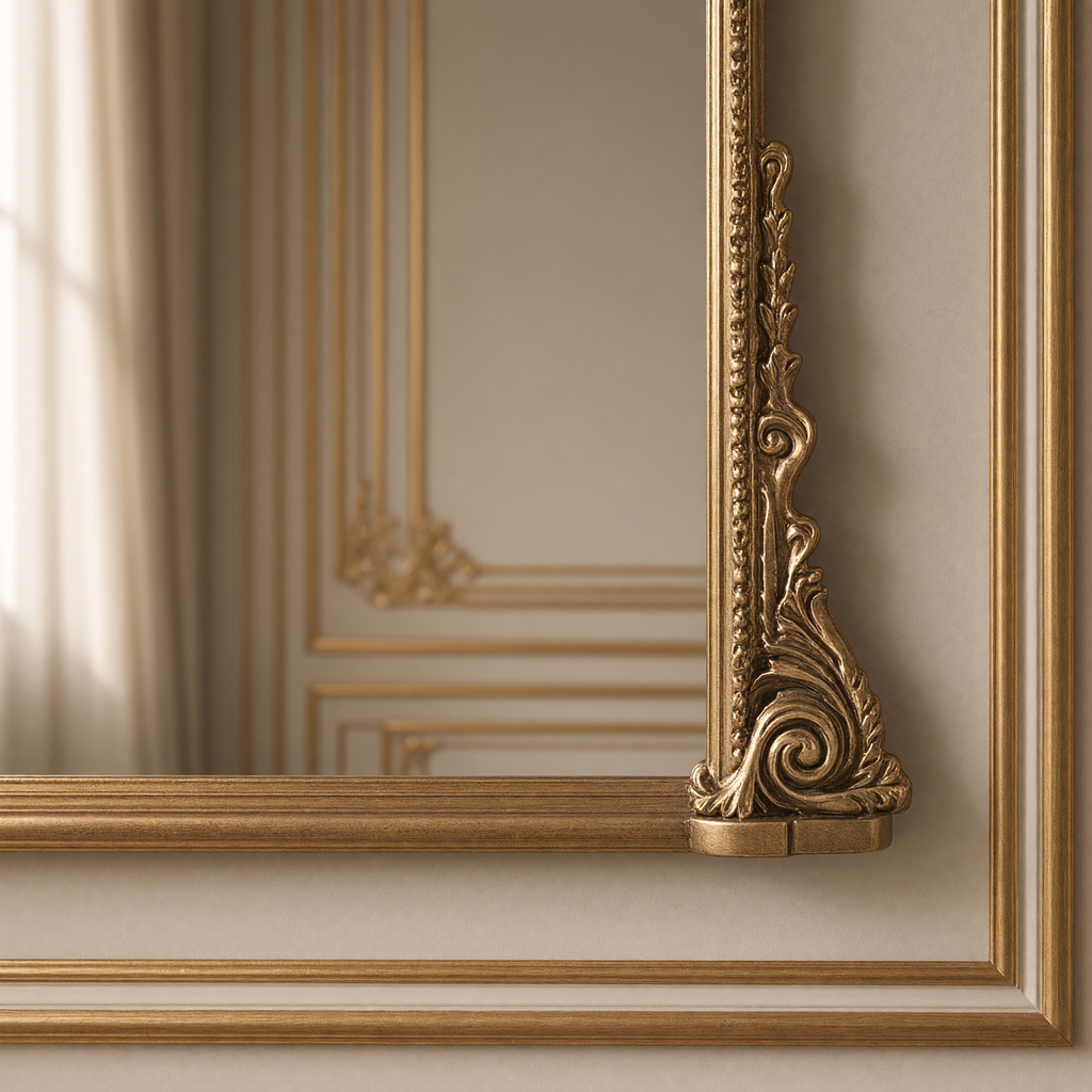 Detail of the lower corner and acanthus foot of the Jules French gilded iron arch mirror in antique gold, 39.5" x 38.5"