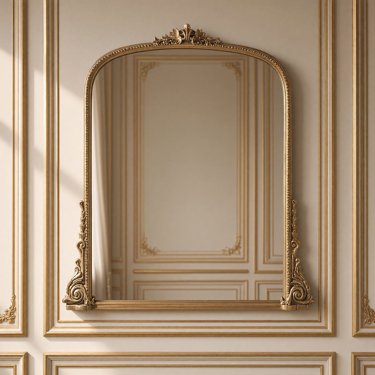 Jules French gilded iron arch mirror in antique gold, 39.5" x 38.5", hanging in a soft greige Louis XVI boiserie salon