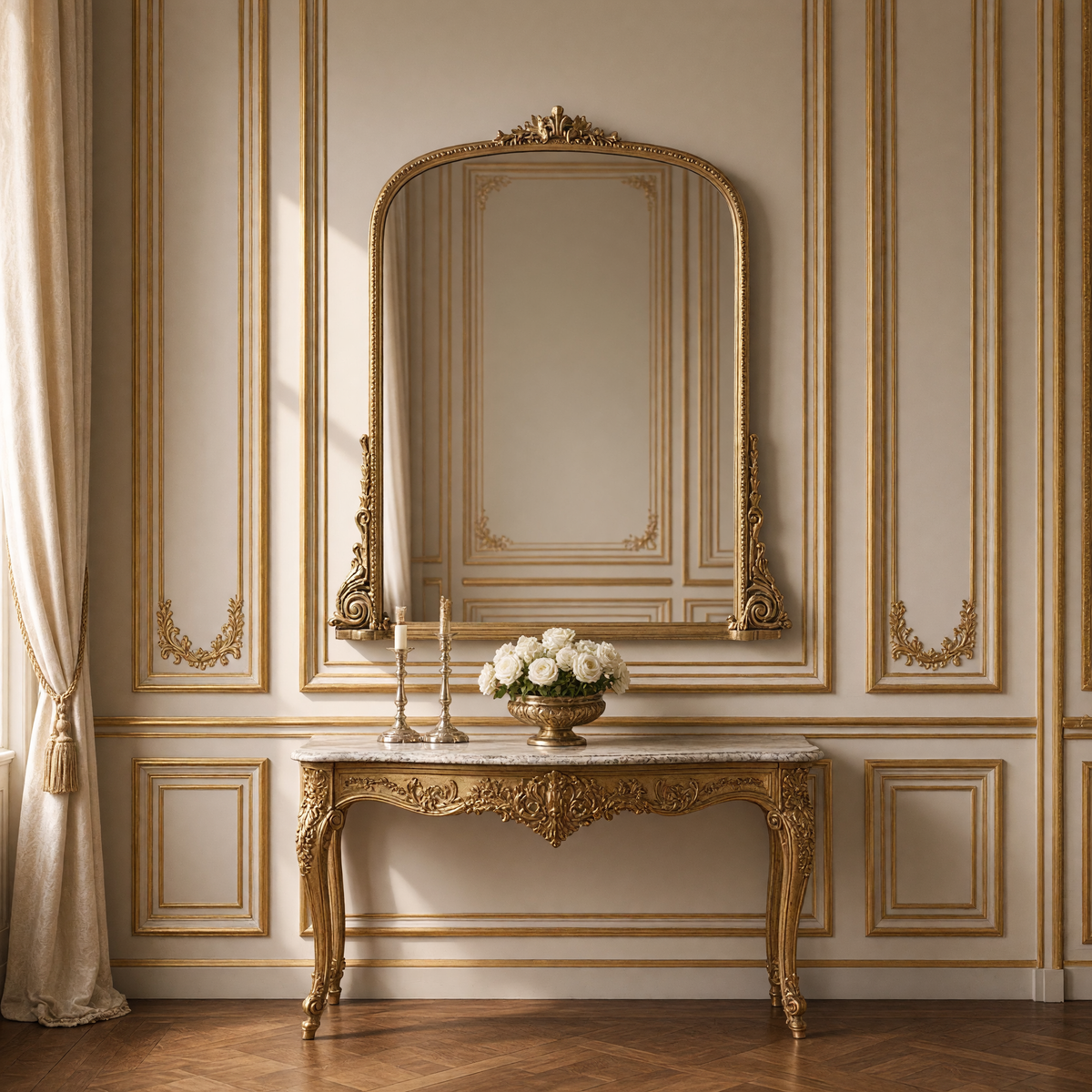 Jules French gilded iron arch mirror in antique gold, 39.5" x 38.5", styled above a marble-top console with candlesticks and white roses