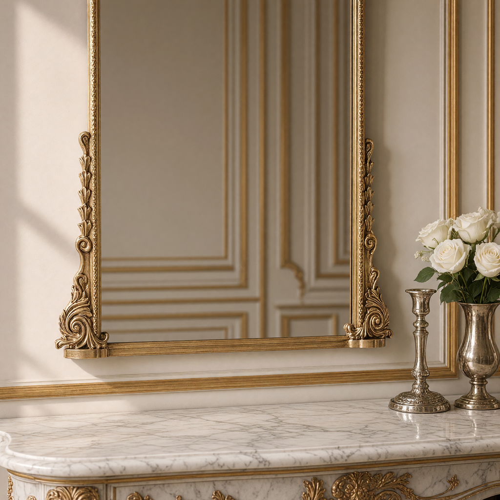 Close view of the scrolled acanthus feet and beaded frame of the Jules French gilded iron arch mirror in antique gold, 50.5" x 61"