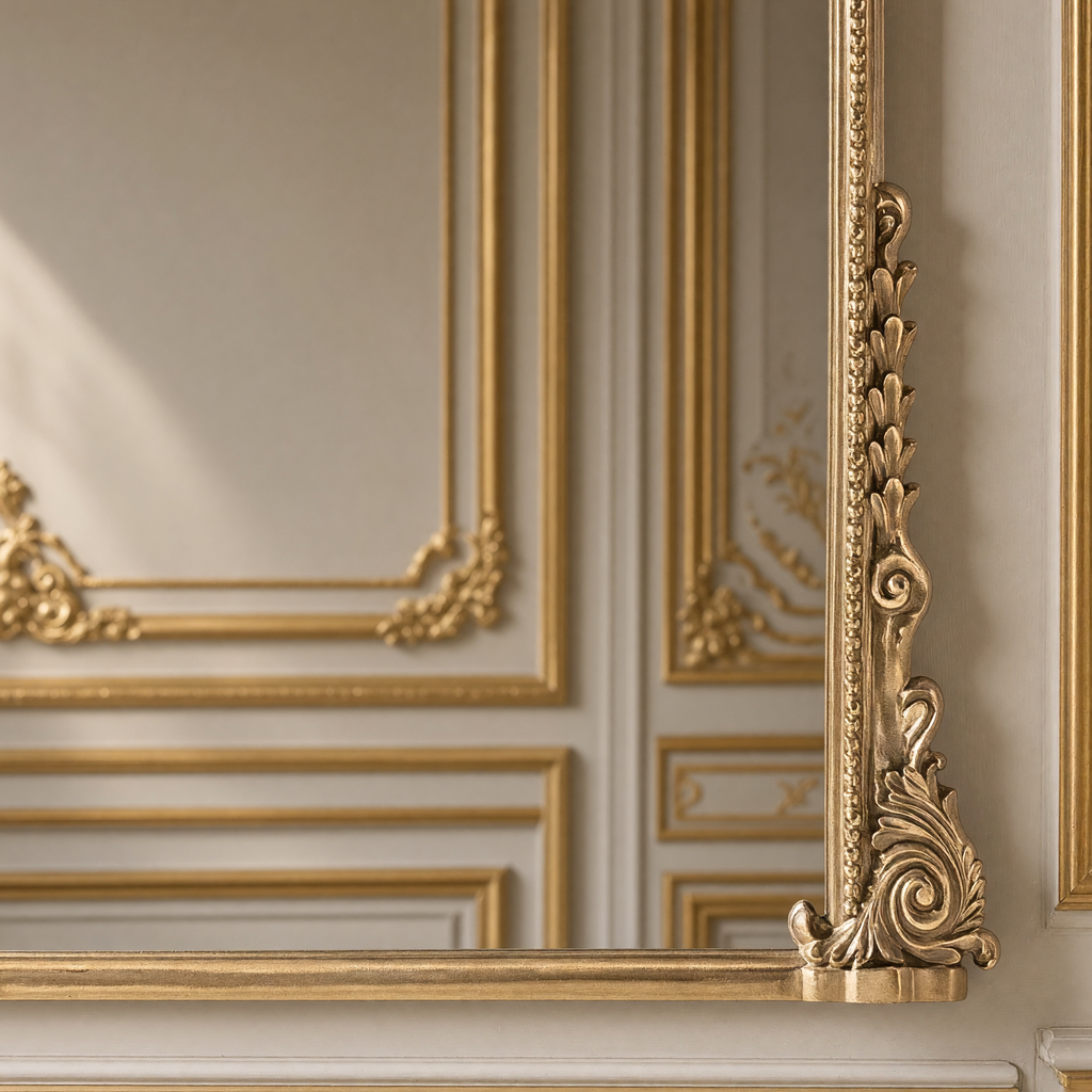 Detail of the lower corner and acanthus foot of the Jules French gilded iron arch mirror in antique gold, 50.5" x 61"