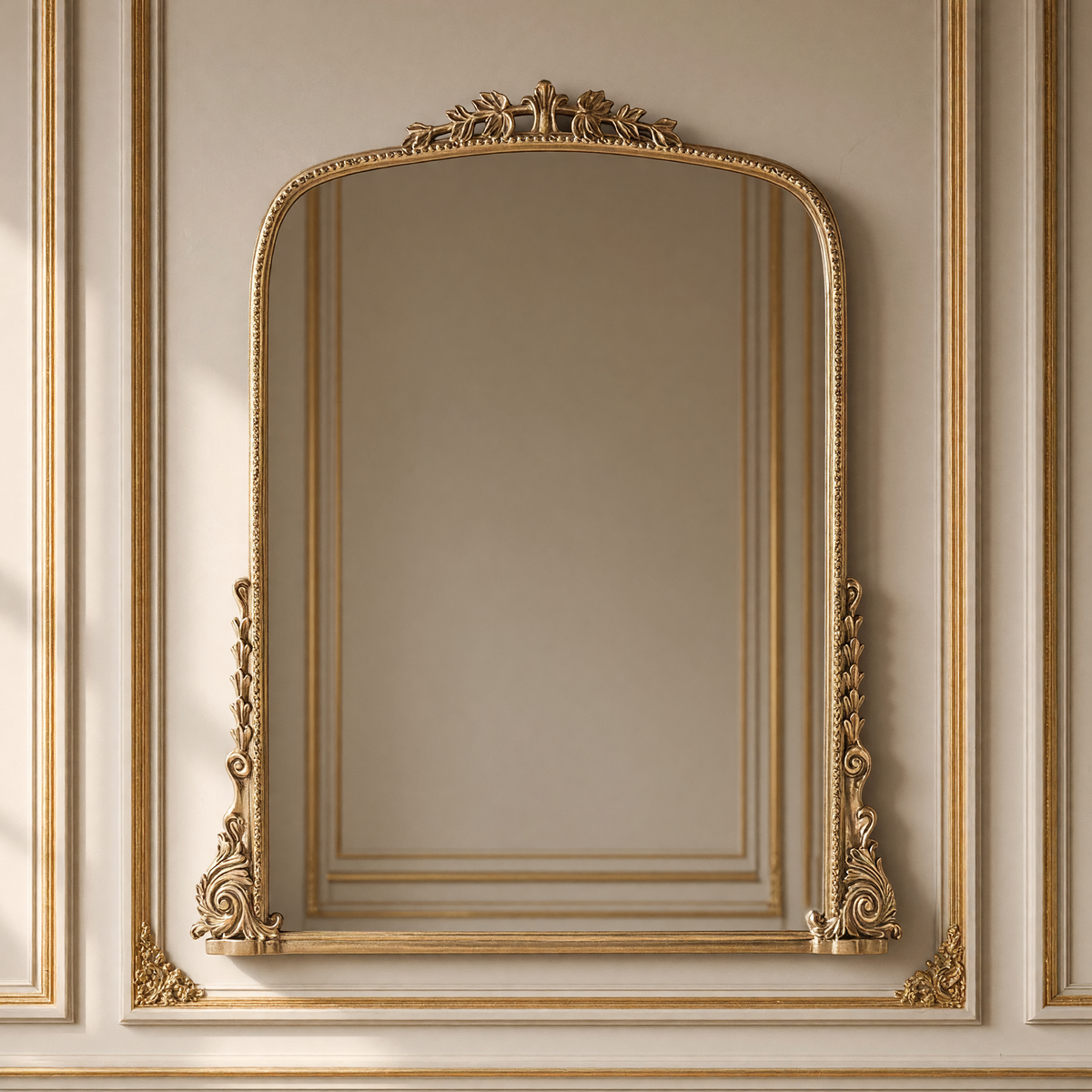 Jules French gilded iron arch mirror in antique gold, 50.5" x 61", hanging in a soft greige Louis XVI boiserie salon