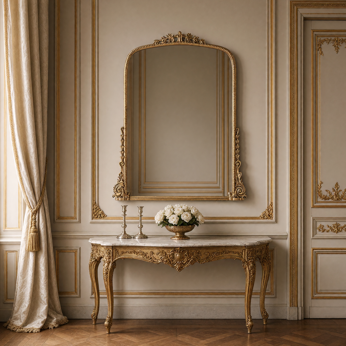 Jules French gilded iron arch mirror in antique gold, 50.5" x 61", styled above a marble-top console with candlesticks and white roses
