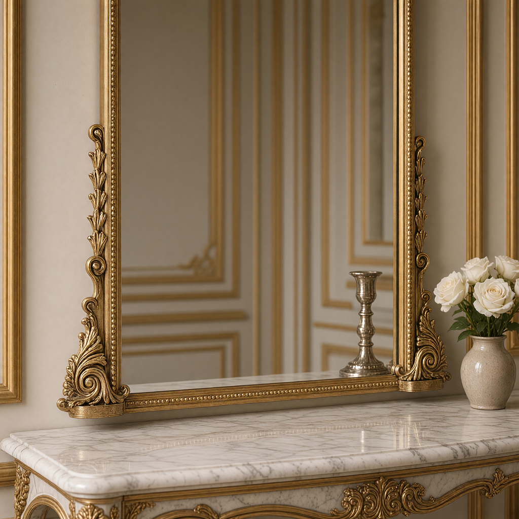 Close view of the scrolled acanthus feet and beaded frame of the Jules French gilded iron arch mirror in antique gold, 59" x 72"