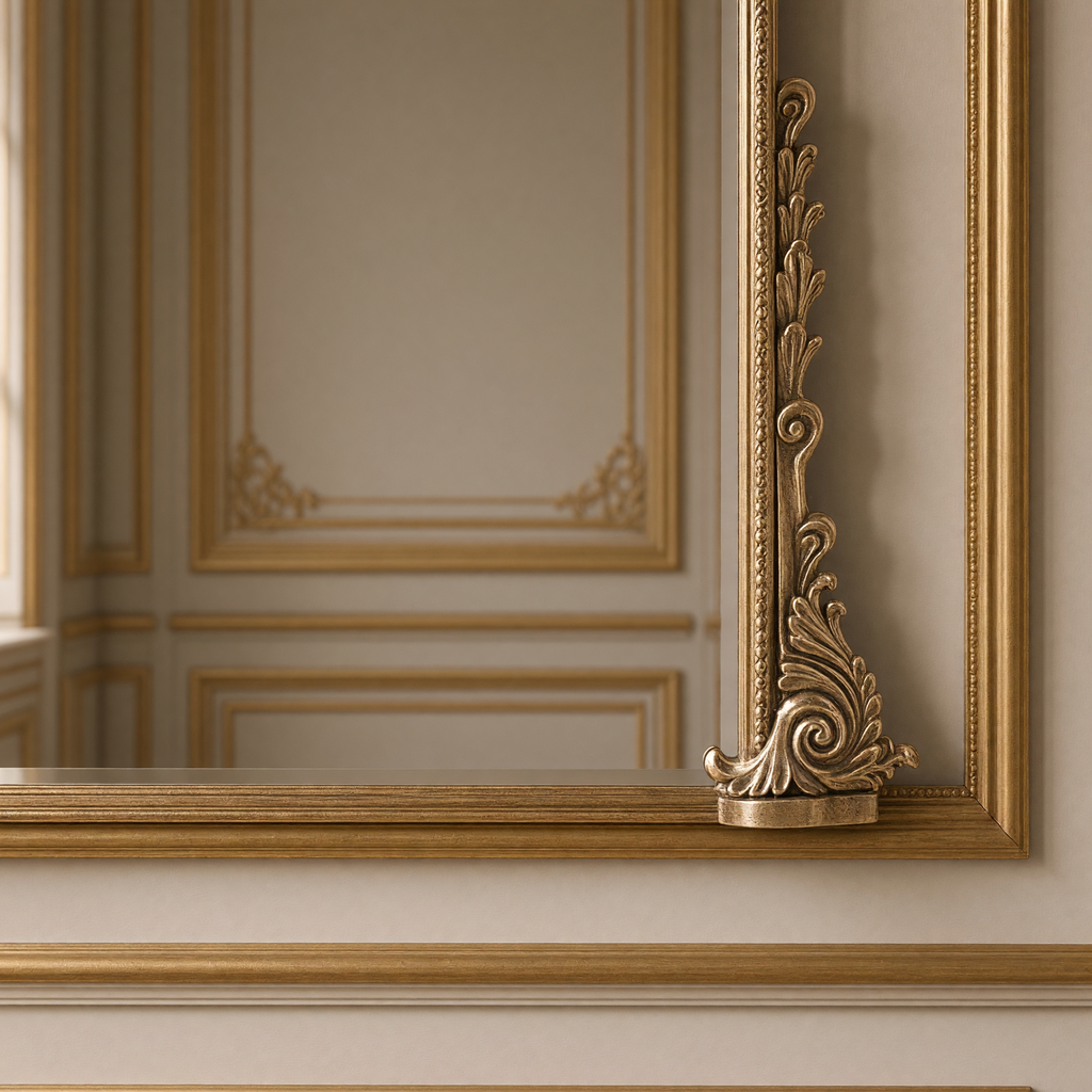 Detail of the lower corner and acanthus foot of the Jules French gilded iron arch mirror in antique gold, 59" x 72"