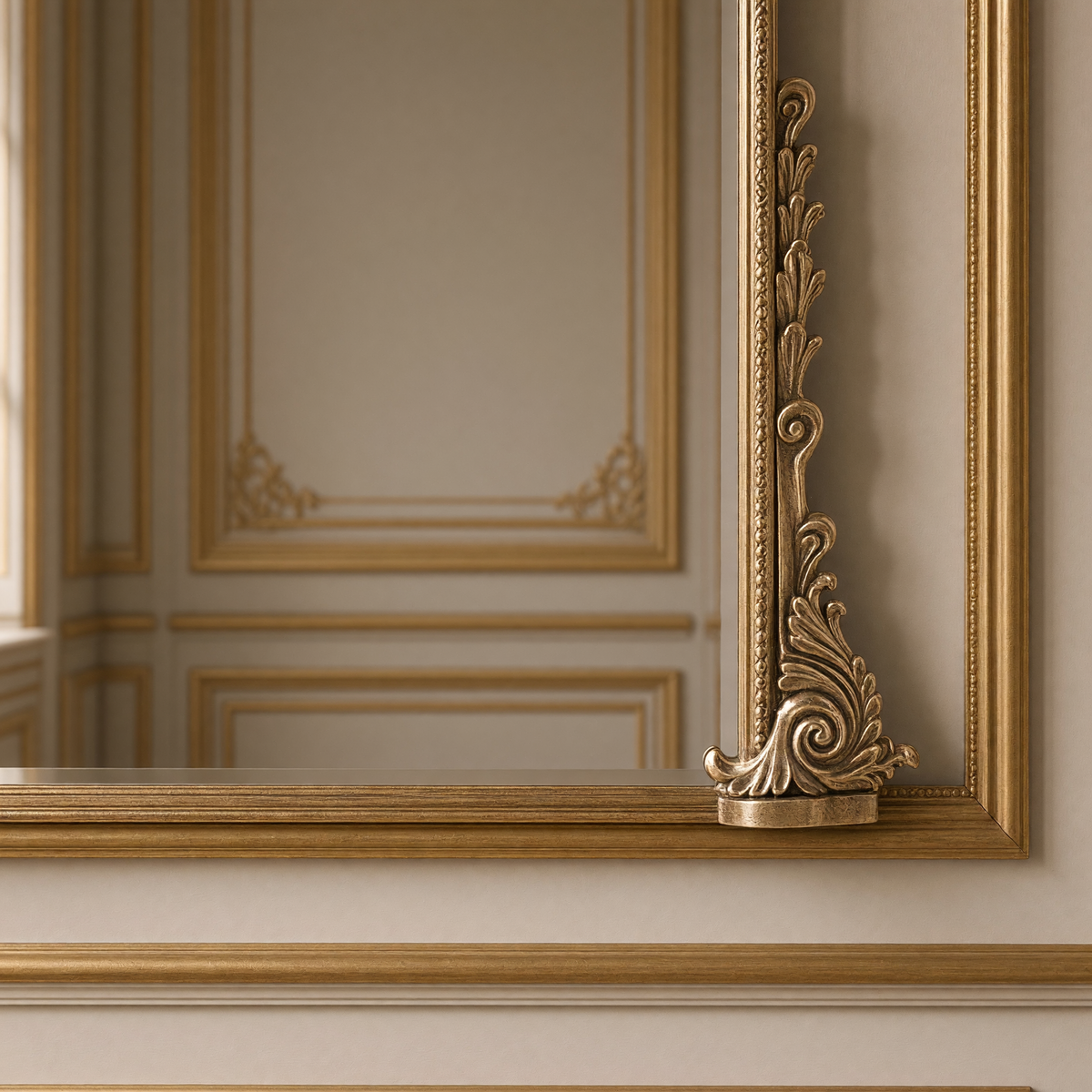 Detail of the lower corner and acanthus foot of the Jules French gilded iron arch mirror in antique gold, 59" x 72"