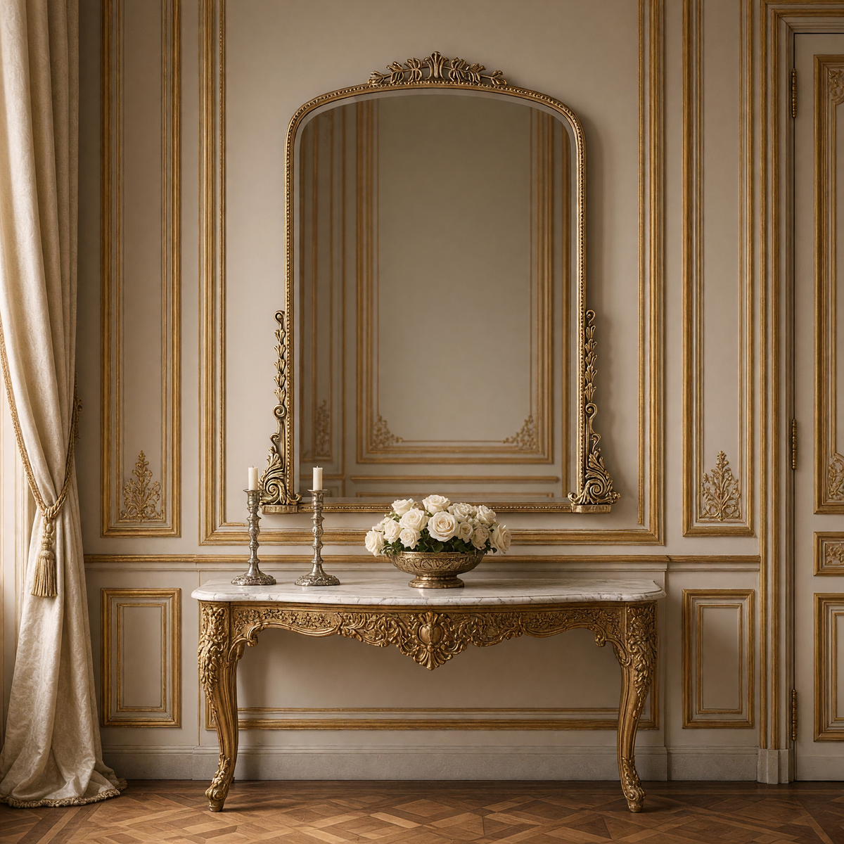 Jules French gilded iron arch mirror in antique gold, 59" x 72", styled above a marble-top console with candlesticks and white roses