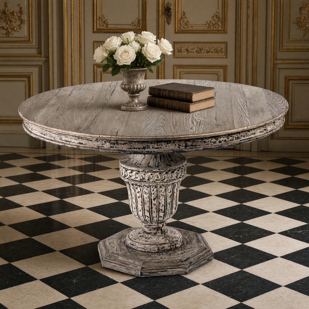 Close view of the carved urn pedestal and elm top of the Kilo French Carved Elm Pedestal Dining Table