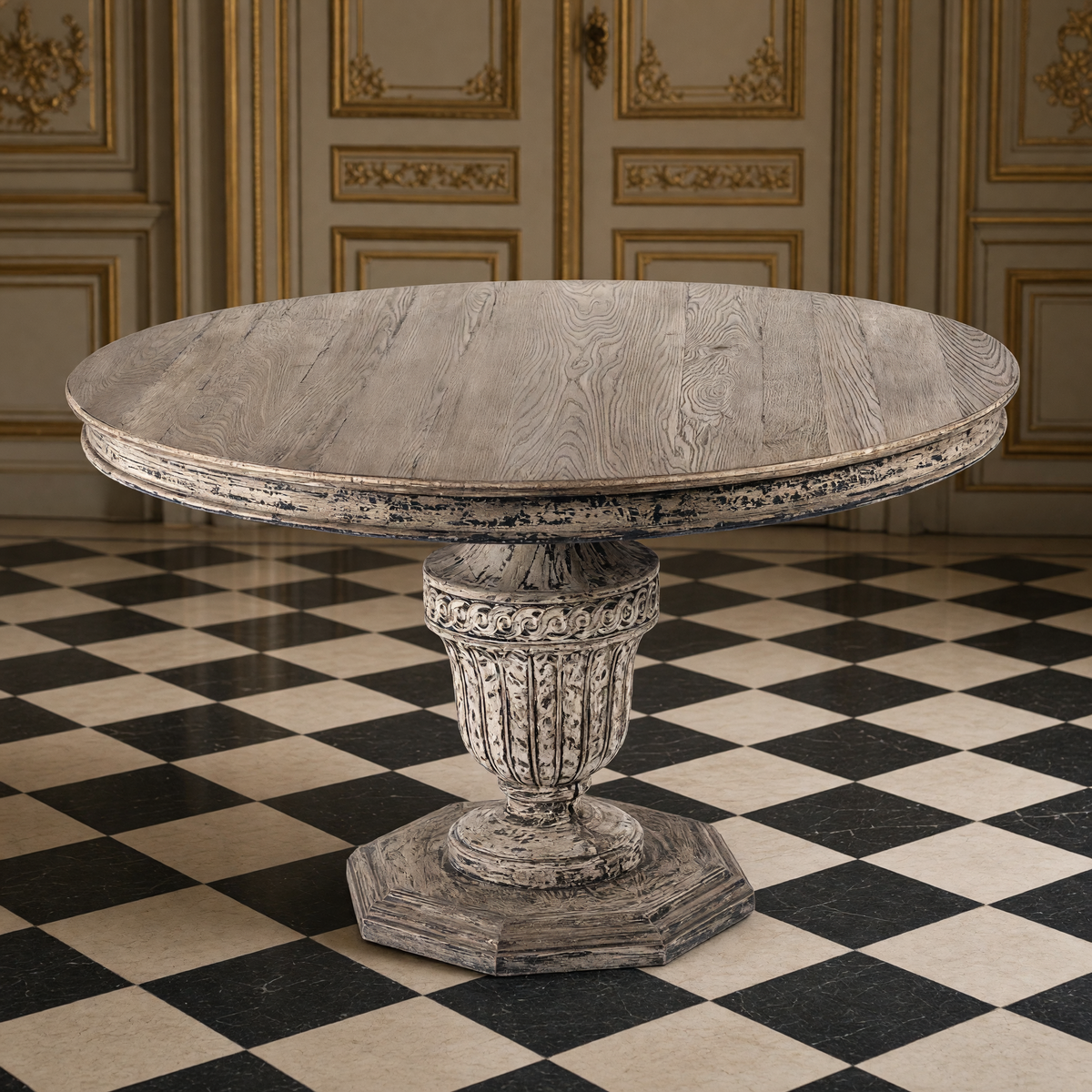 Kilo French Carved Elm Pedestal Dining Table in a Louis XVI dining room with a checkerboard marble floor