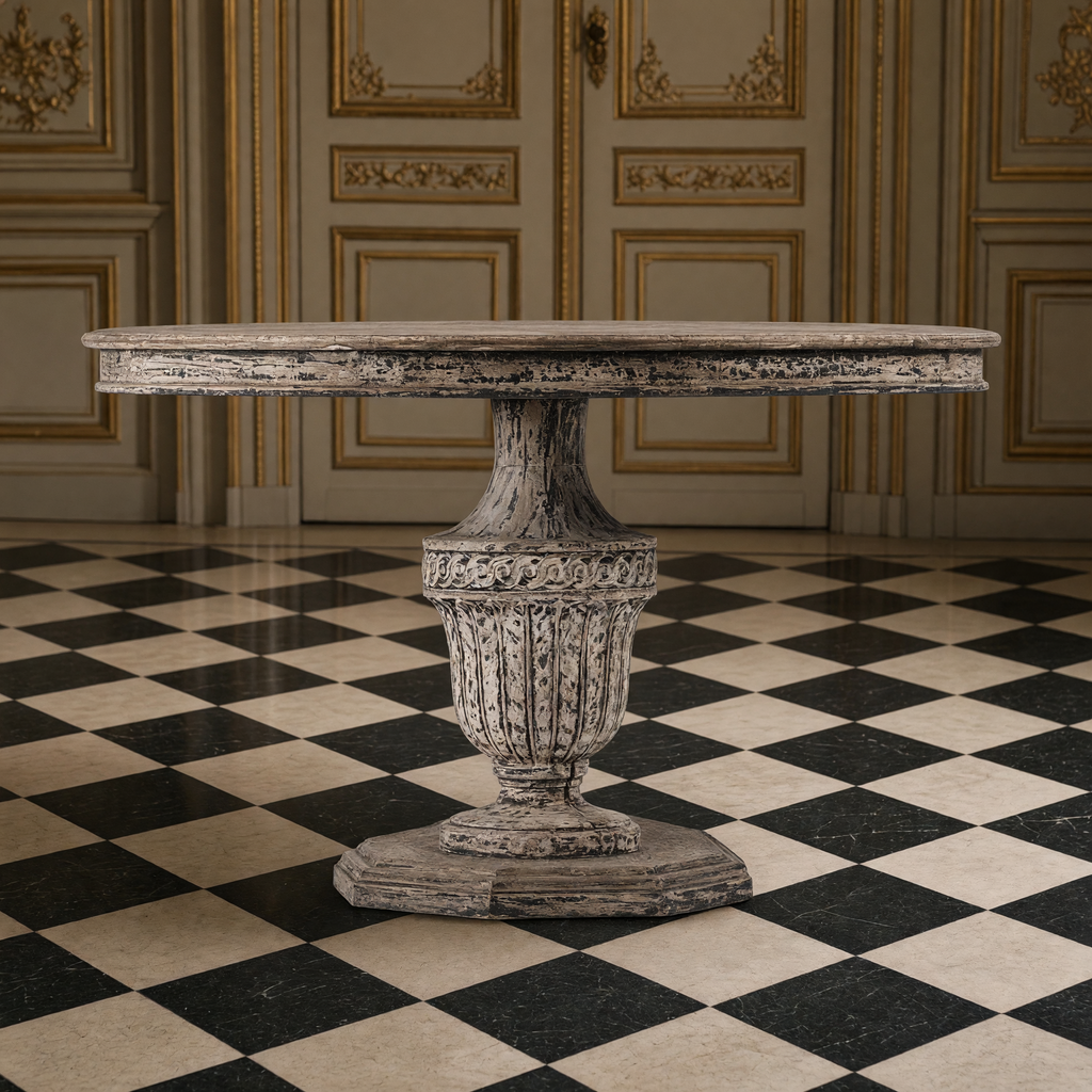 Side view of the Kilo French Carved Elm Pedestal Dining Table showing the urn pedestal and octagonal base