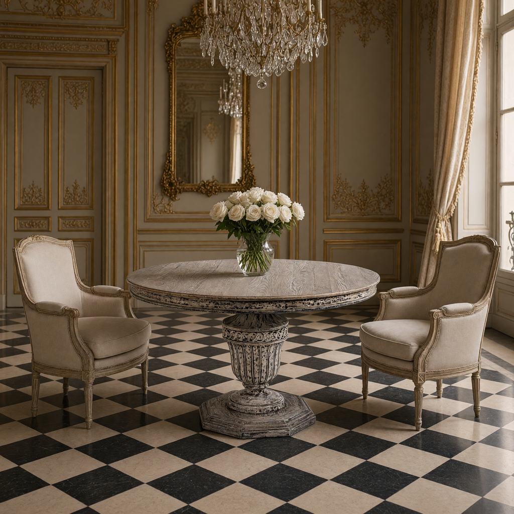 Kilo French Carved Elm Pedestal Dining Table styled with bergere chairs and white roses in a gilded salon