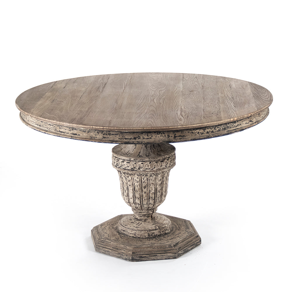 Kilo French Carved Elm Pedestal Dining Table, studio photo 1 of 2 on a white background