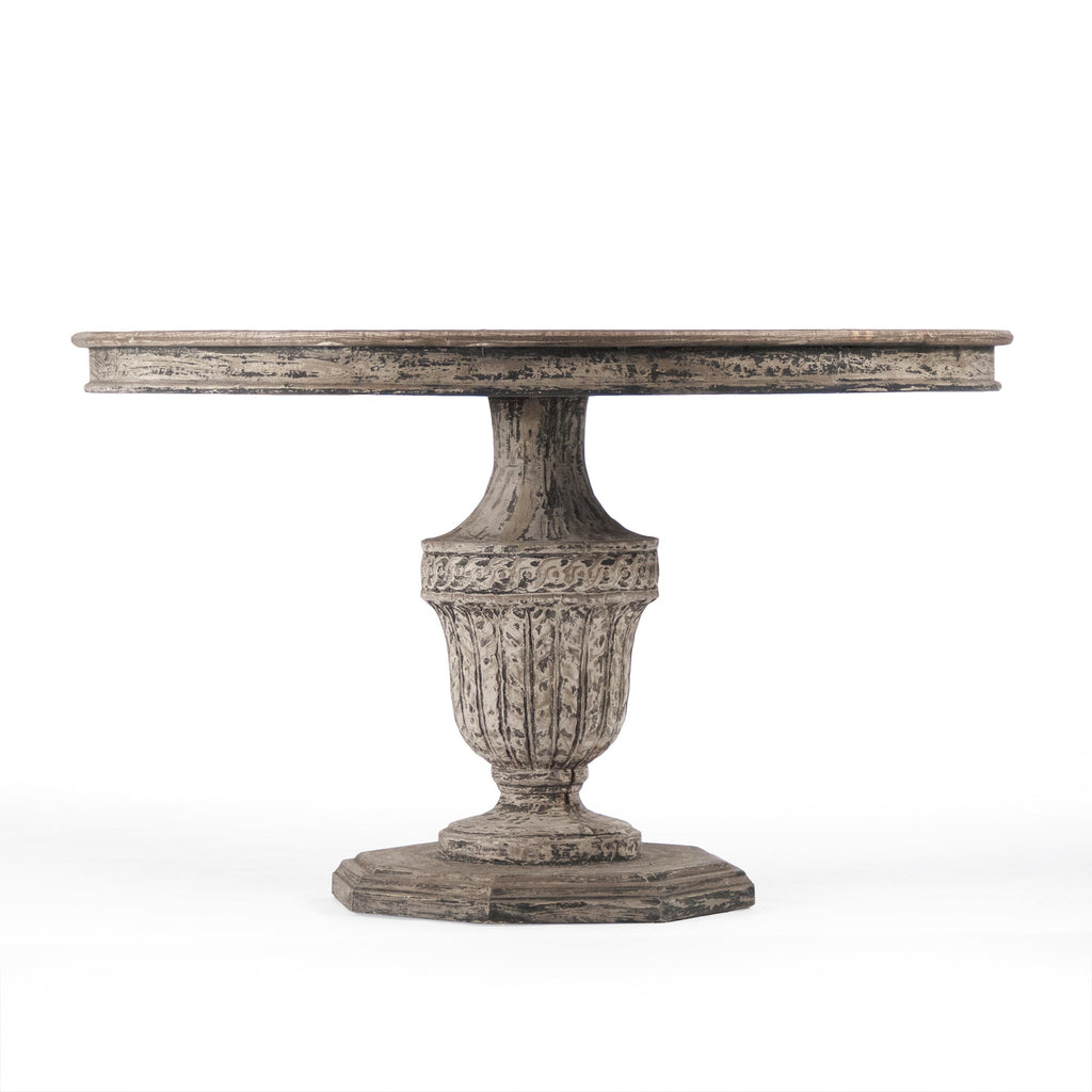 Kilo French Carved Elm Pedestal Dining Table, studio photo 2 of 2 on a white background