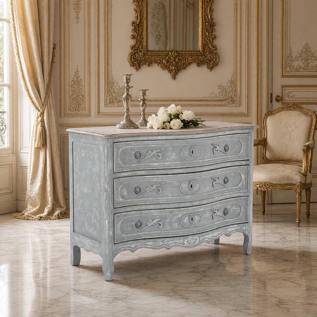 Lennon French Carved Serpentine Chest in Distressed Grey styled beneath a gilded mirror with candlesticks, white roses and a Louis XVI bergere