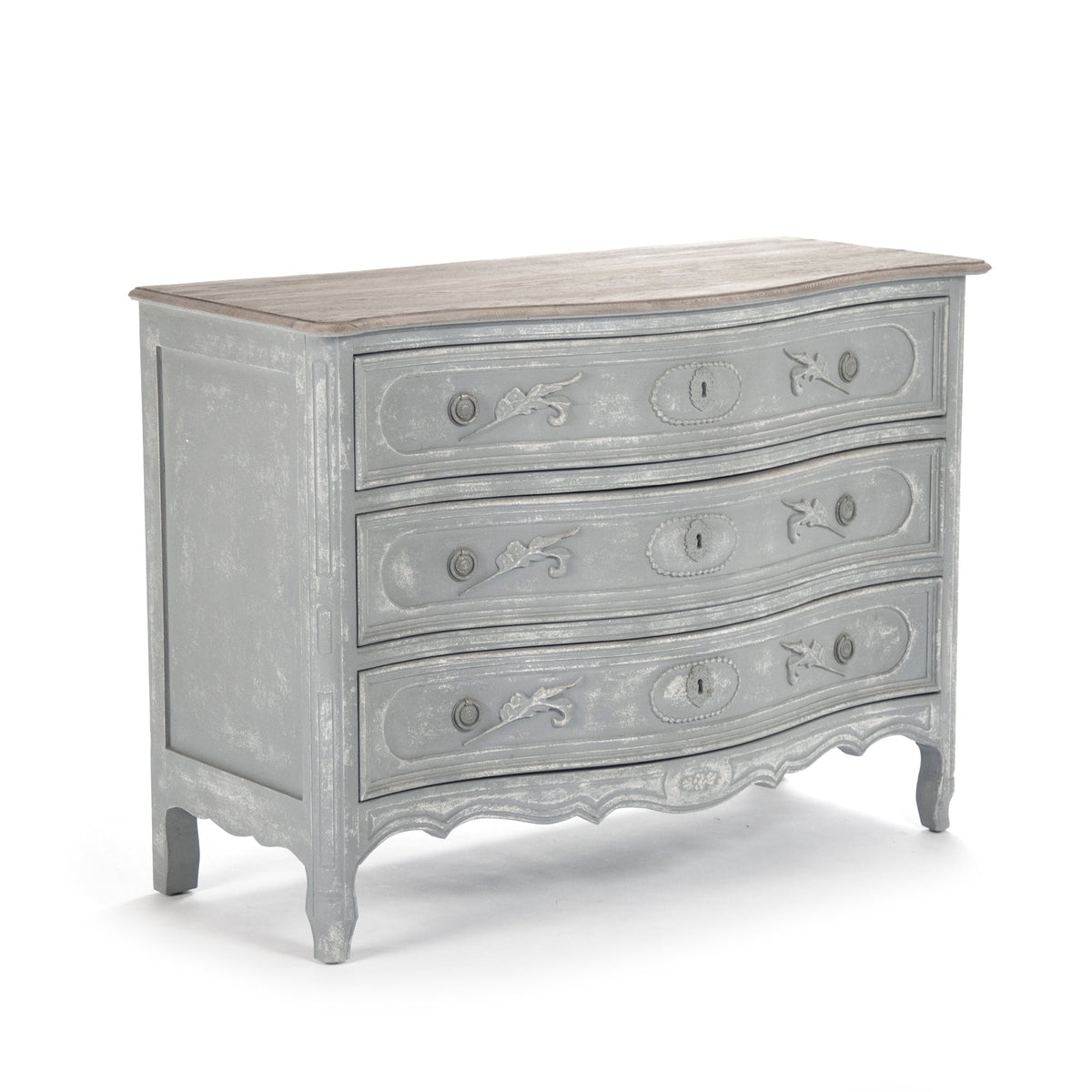 Lennon French Carved Serpentine Chest in Distressed Grey, studio photo 1 of 5 on a white background