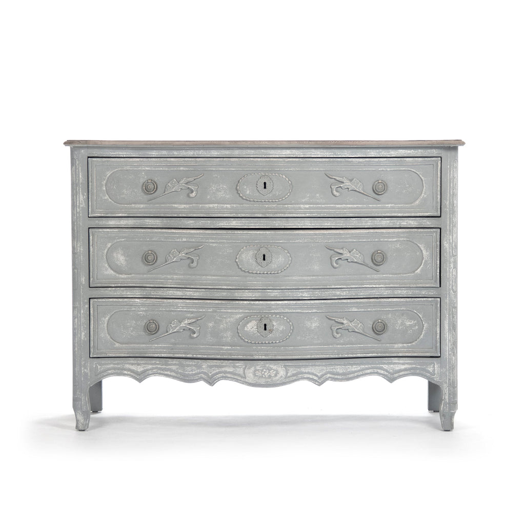 Lennon French Carved Serpentine Chest in Distressed Grey, studio photo 2 of 5 on a white background