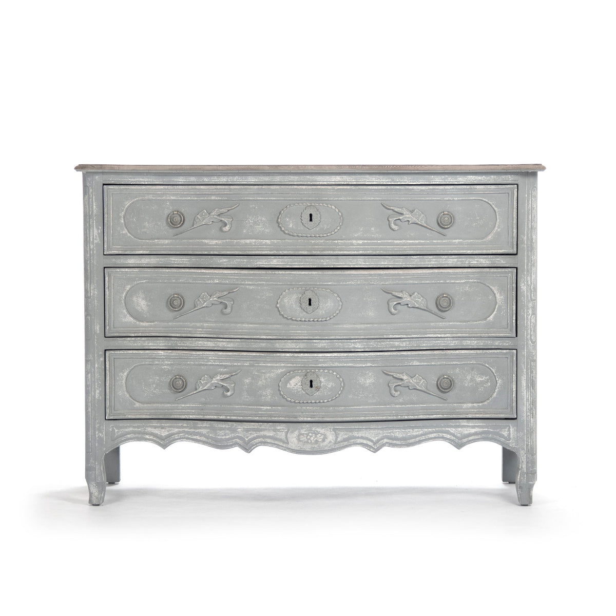 Lennon French Carved Serpentine Chest in Distressed Grey, studio photo 2 of 5 on a white background