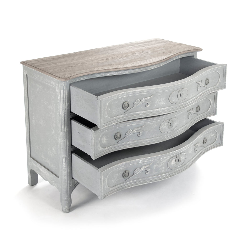 Lennon French Carved Serpentine Chest in Distressed Grey, studio photo 3 of 5 on a white background