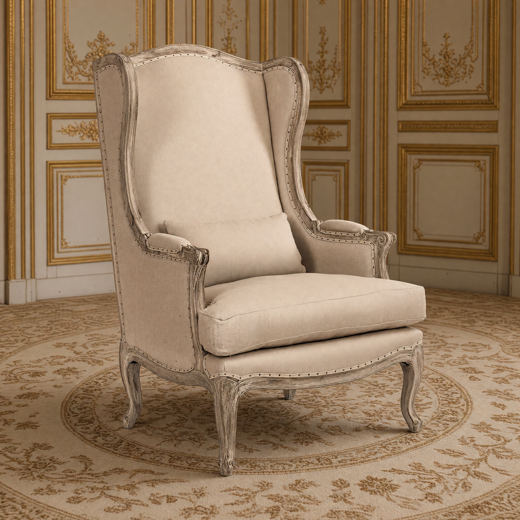 Leon French Hemp Linen Wingback Chair in Limed Grey Oak on an antique Aubusson carpet in a gilded Louis XVI salon