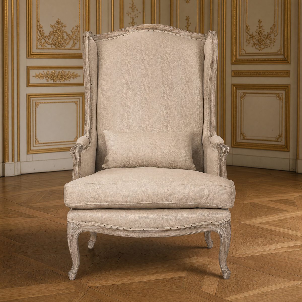 Leon French Hemp Linen Wingback Chair, front view in a gilded Louis XVI salon