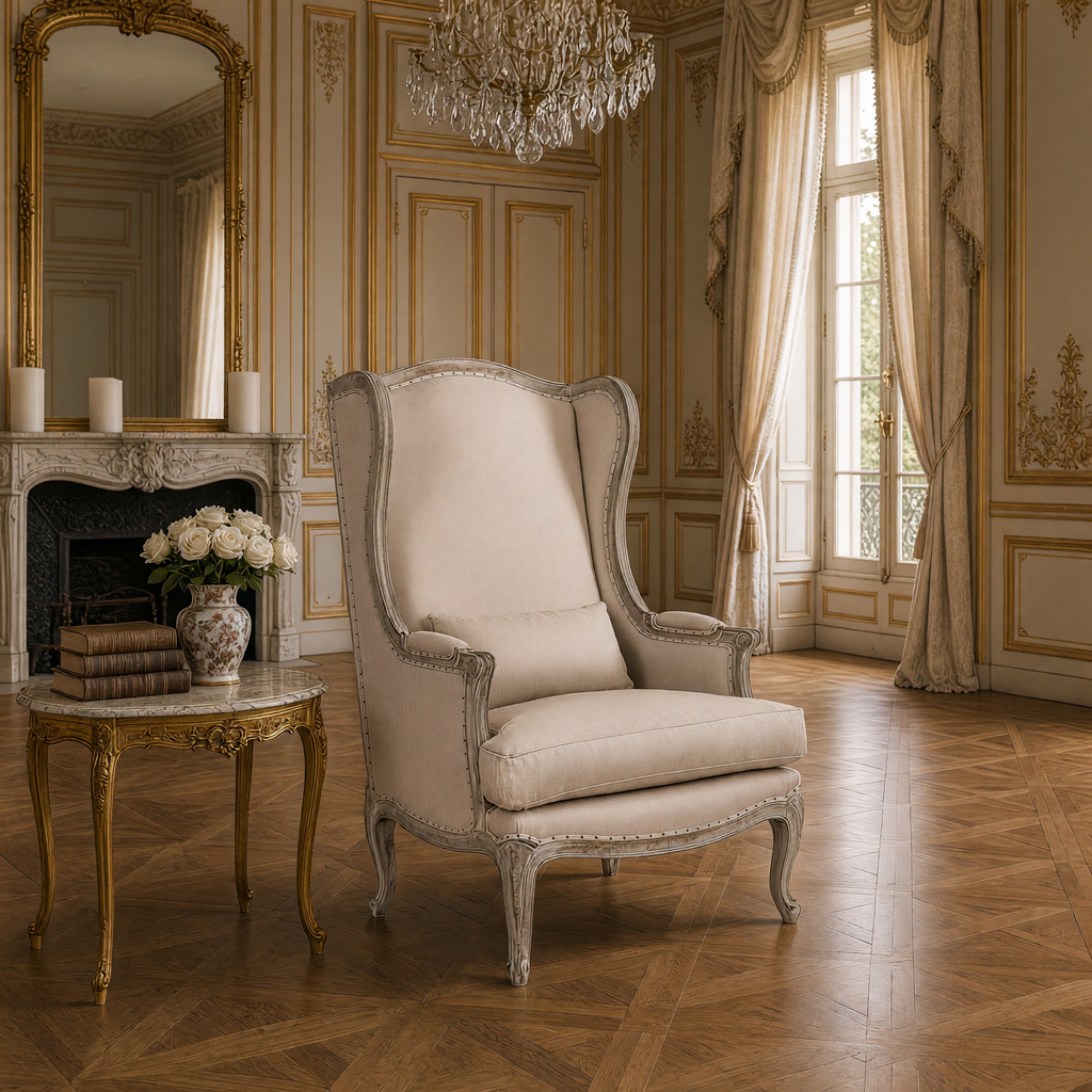 Leon French Hemp Linen Wingback Chair styled beside a marble fireplace in a French salon