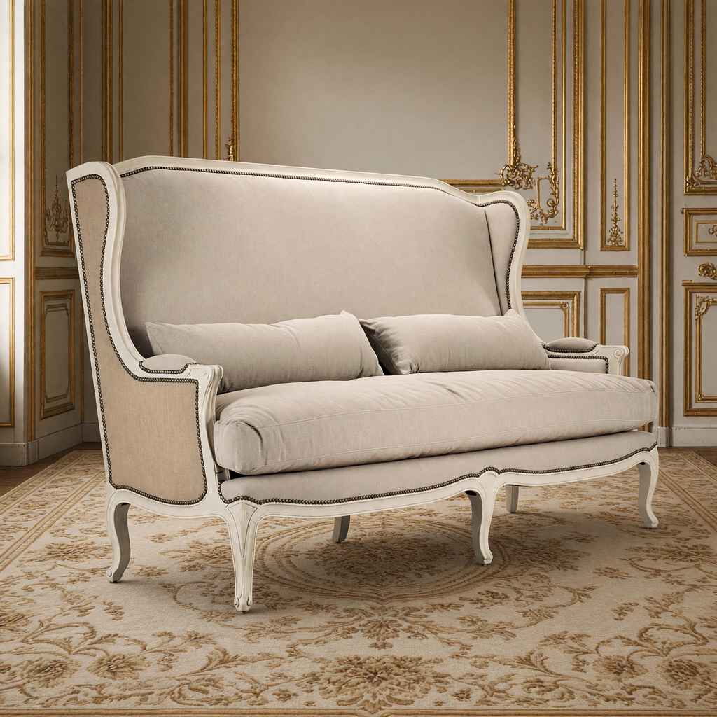 Leon French Linen Wingback Bench in Natural Linen on an antique Aubusson carpet in a French salon