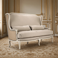 Leon French Linen Wingback Bench in Natural Linen on an antique Aubusson carpet in a French salon