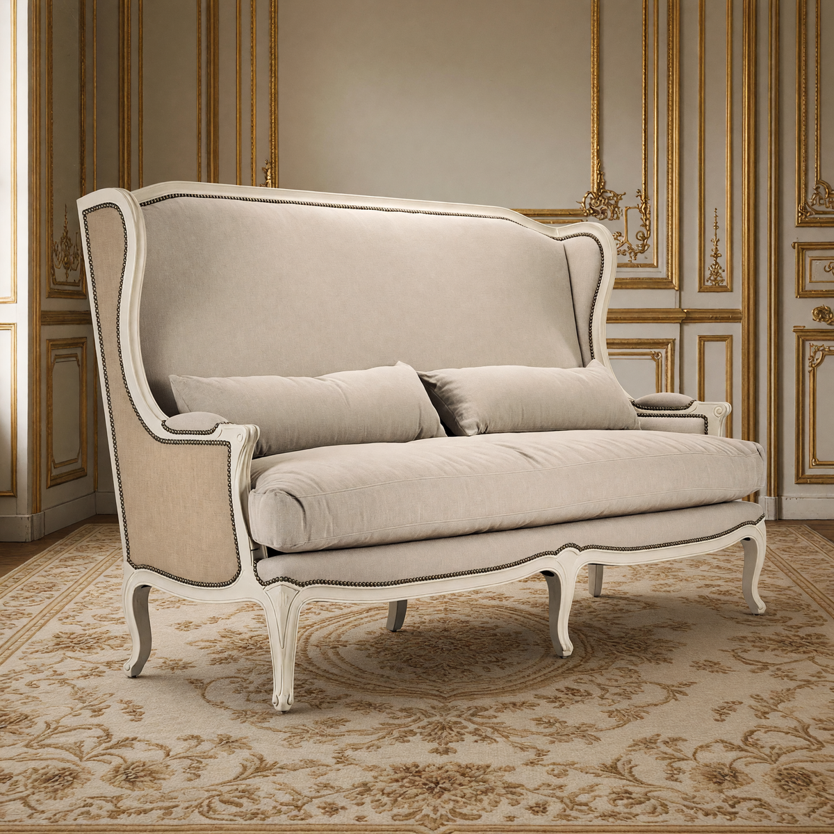 Leon French Linen Wingback Bench in Natural Linen on an antique Aubusson carpet in a French salon