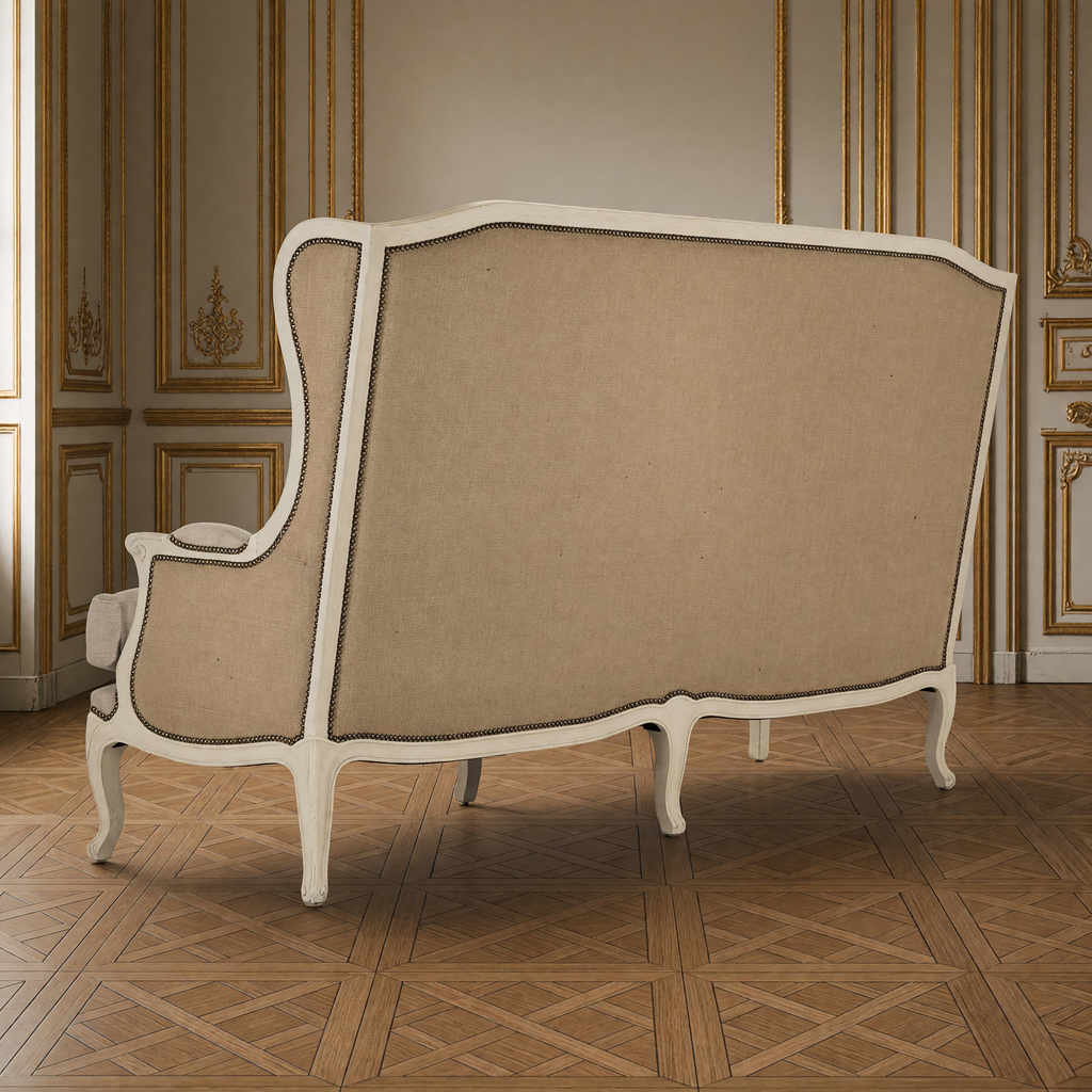 Back view of the Leon French Linen Wingback Bench in Natural Linen