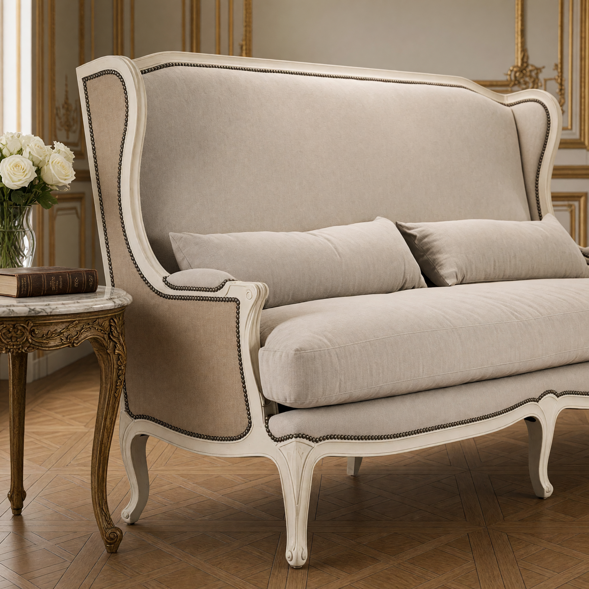 Close-up of the Leon French Linen Wingback Bench in Natural Linen