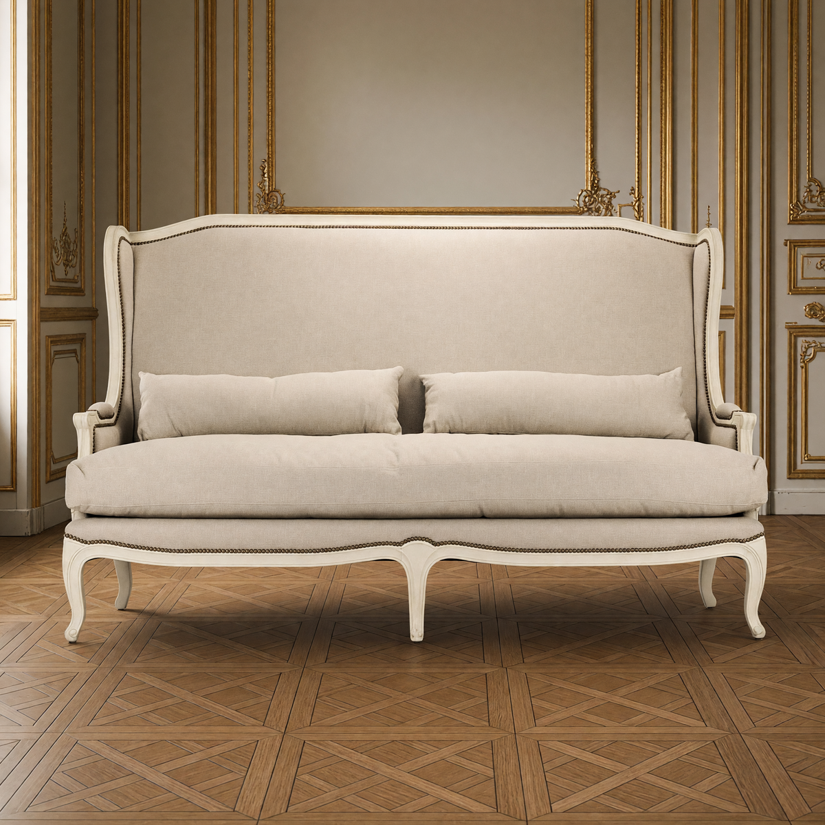 Front view of the Leon French Linen Wingback Bench in Natural Linen
