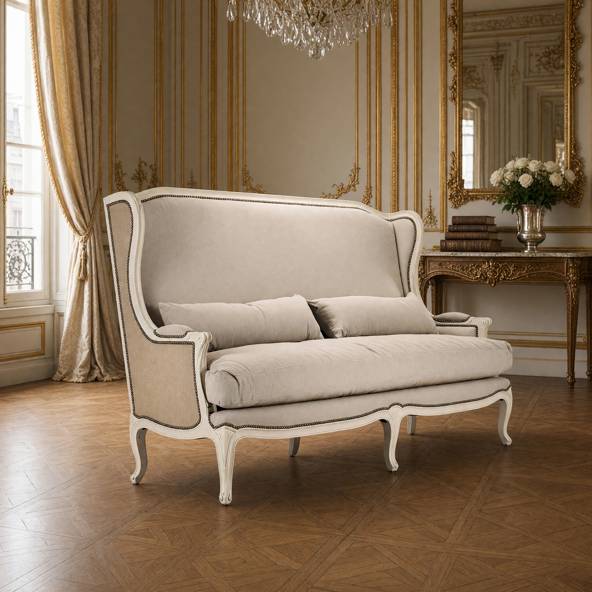 Leon French Linen Wingback Bench in Natural Linen, styled in a French salon