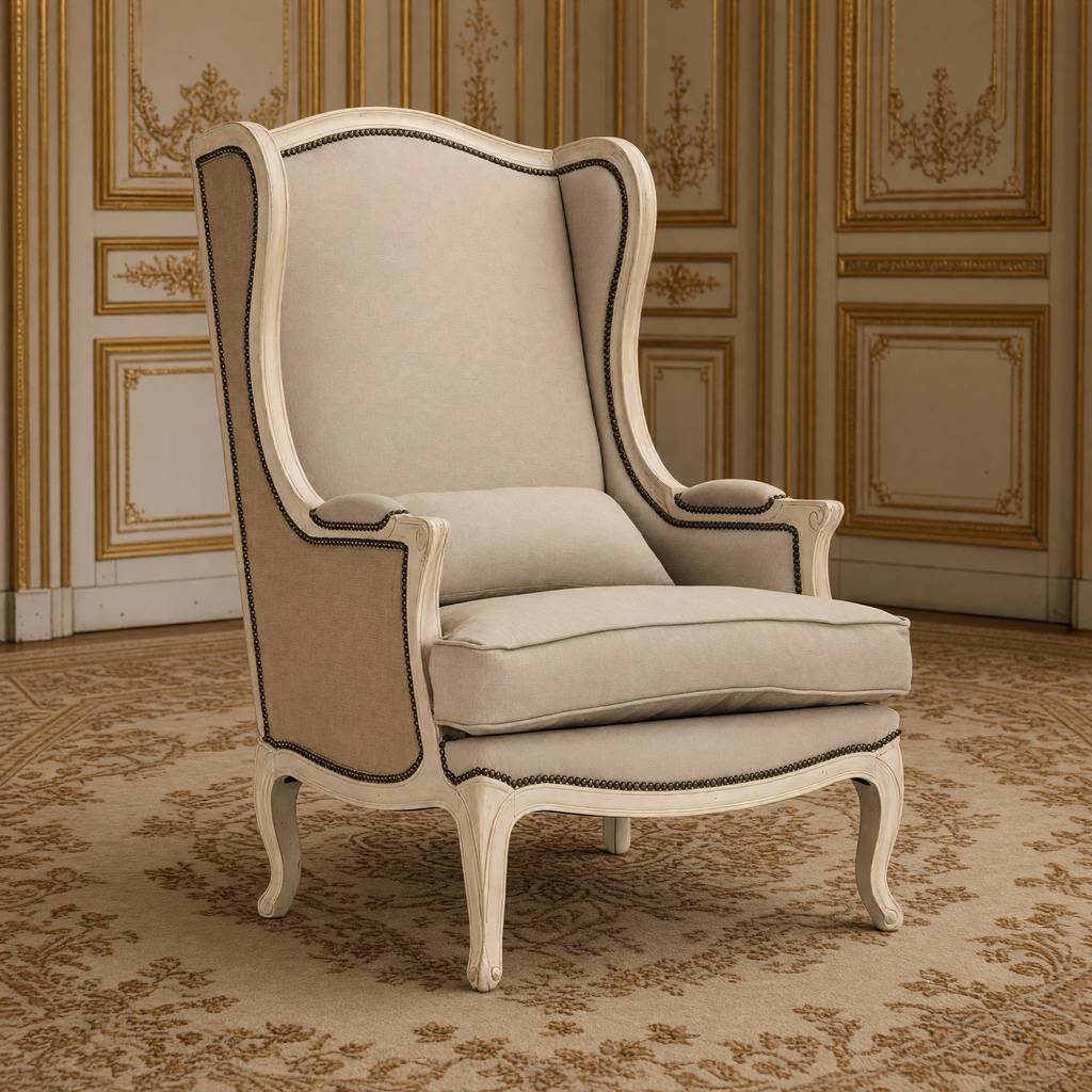 Leon French Linen Wingback Chair in Distressed Ivory Pine on an antique Aubusson carpet in a gilded Louis XVI salon