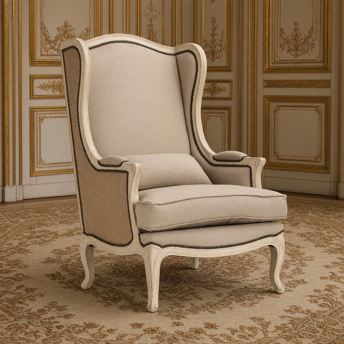 Leon French Linen Wingback Chair in Distressed Ivory Pine on an antique Aubusson carpet in a gilded Louis XVI salon