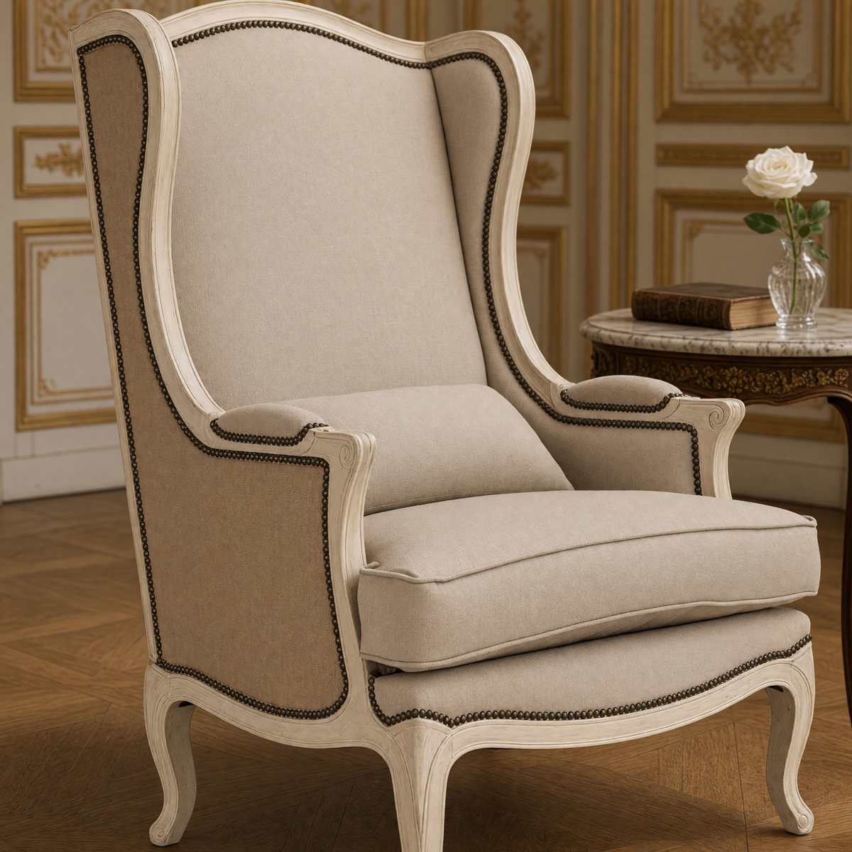 Close-up of the scrolled arm, nailhead trim and natural linen cushions of the Leon French Linen Wingback Chair in Distressed Ivory Pine