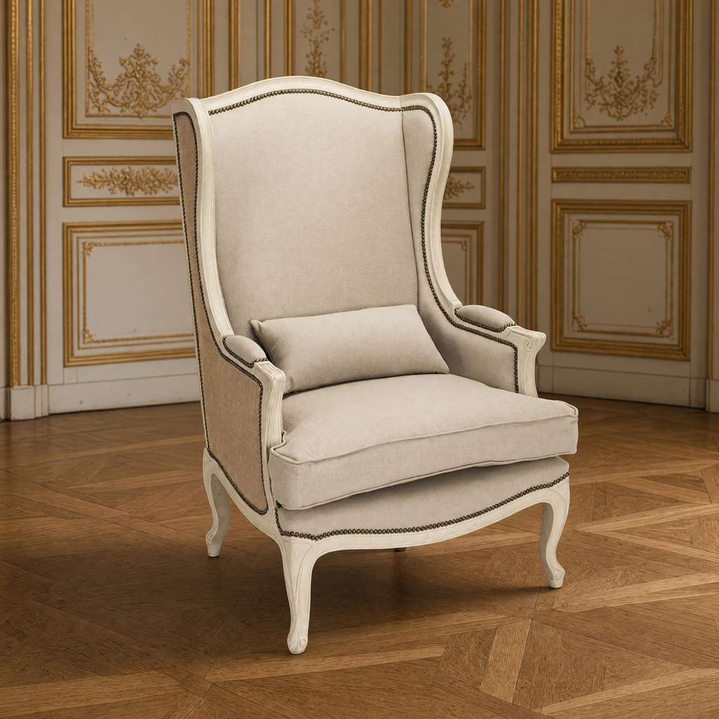 Leon French Linen Wingback Chair in Distressed Ivory Pine, side angle showing the burlap wing in a gilded Louis XVI salon