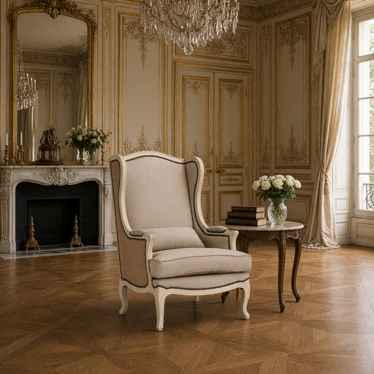 Leon French Linen Wingback Chair in Distressed Ivory Pine styled beside a marble fireplace in a French salon