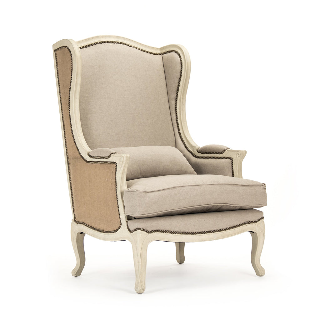 Leon French Linen Wingback Chair in Distressed Ivory Pine, studio photo 1 of 4 on a white background