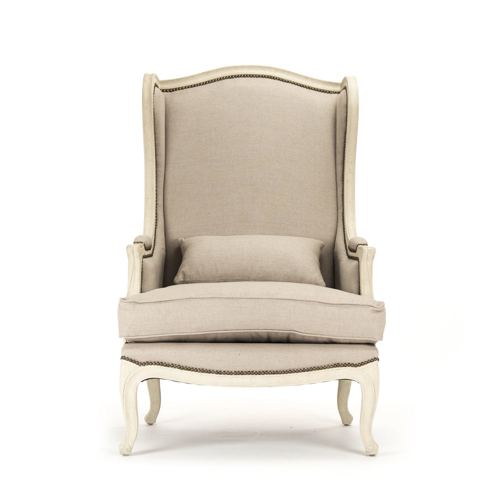 Leon French Linen Wingback Chair in Distressed Ivory Pine, studio photo 2 of 4 on a white background