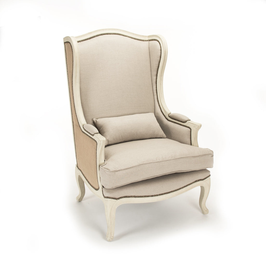 Leon French Linen Wingback Chair in Distressed Ivory Pine, studio photo 3 of 4 on a white background