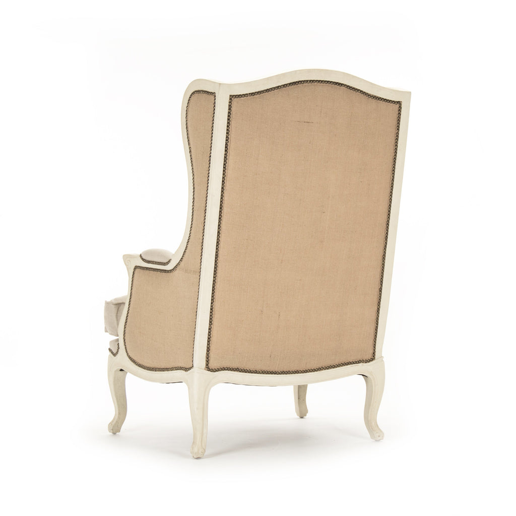 Leon French Linen Wingback Chair in Distressed Ivory Pine, studio photo 4 of 4 on a white background, back view