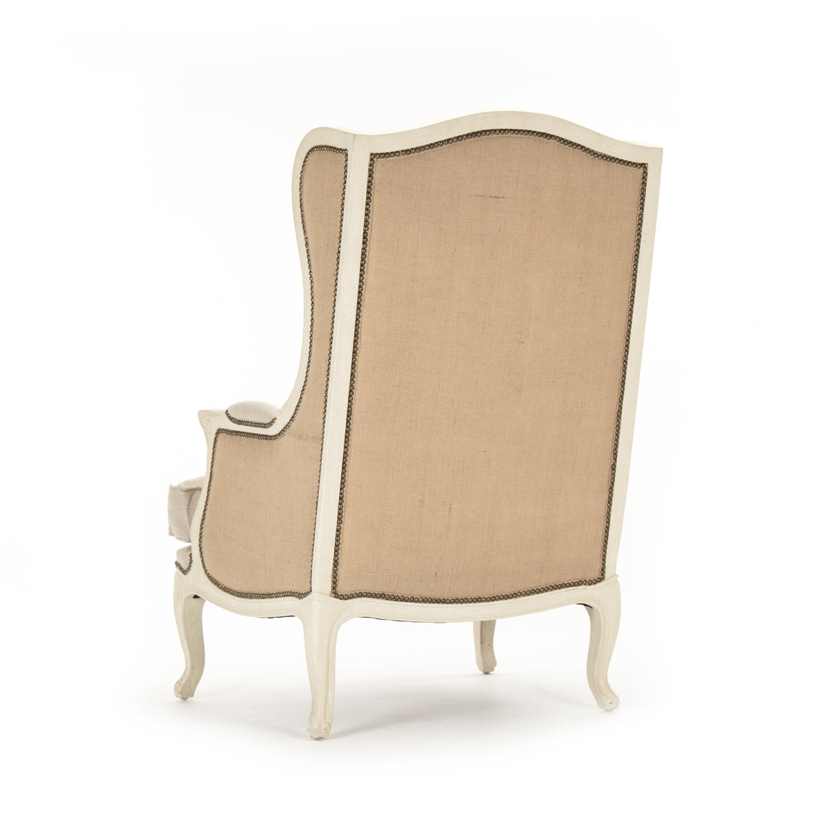 Leon French Linen Wingback Chair in Distressed Ivory Pine, studio photo 4 of 4 on a white background, back view