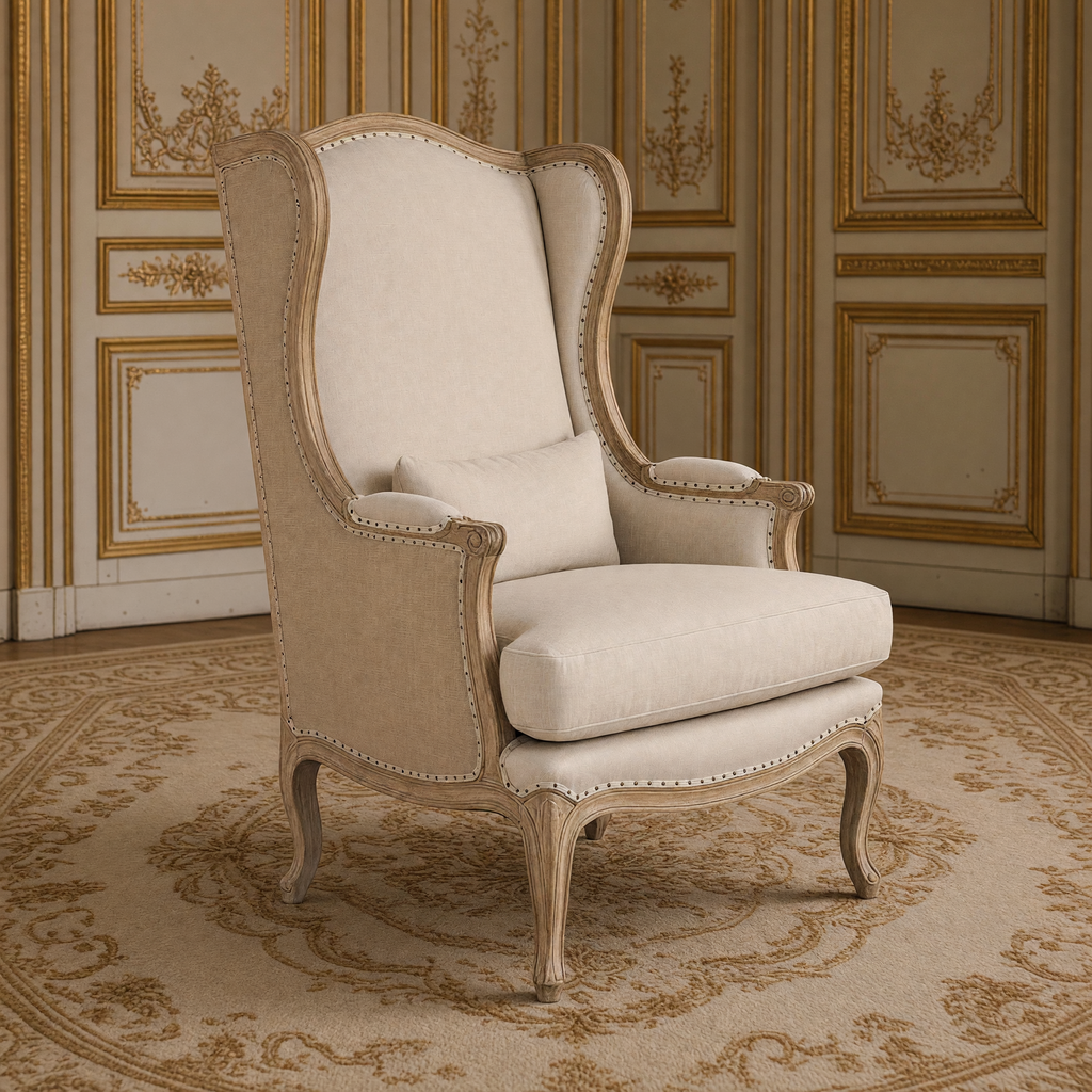 Leon French Linen Wingback Chair in Natural Oak on an antique Aubusson carpet in a gilded Louis XVI salon