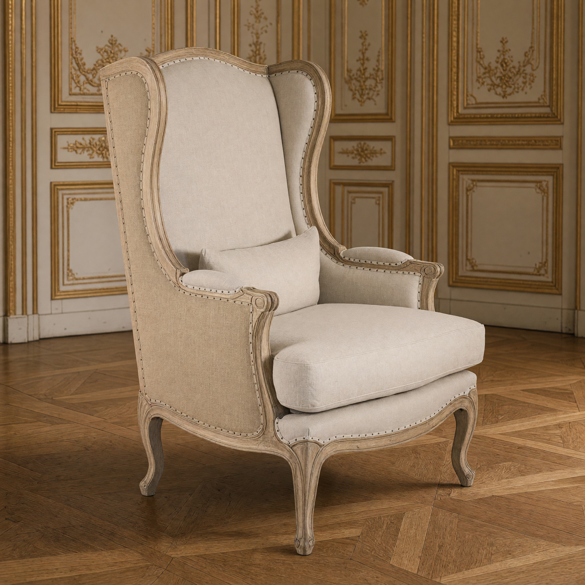 Leon French Linen Wingback Chair in Natural Oak, back view showing the burlap back in a gilded Louis XVI salon