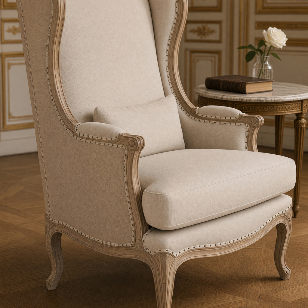 Close-up of the scrolled oak arm, nailhead trim and natural linen cushions of the Leon French Linen Wingback Chair in Natural Oak